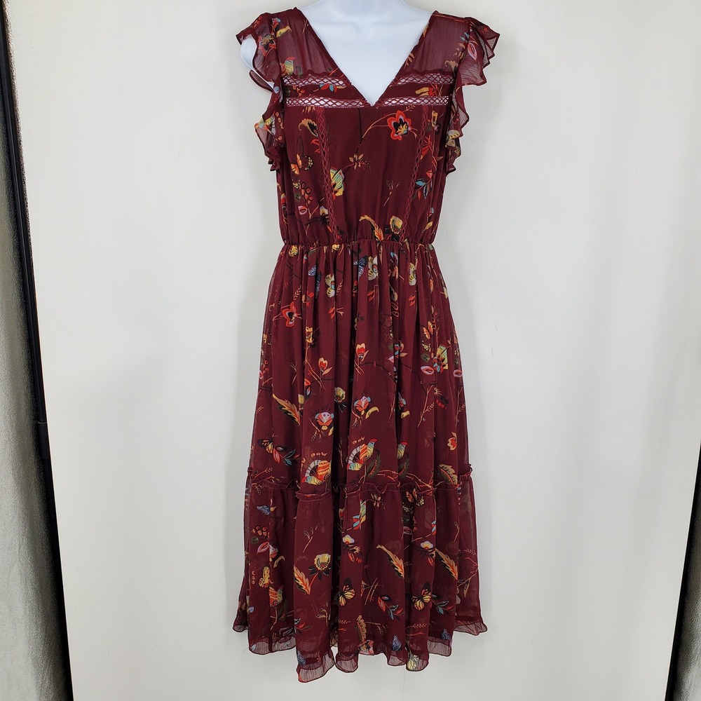 Abercrombie & Fitch Burgundy Butterfly Floral Midi Dress Med Whimsigoth Ethereal